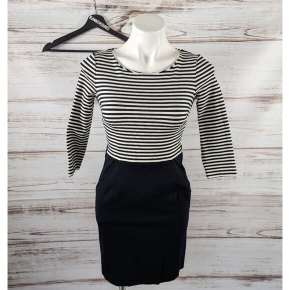 C Wonder Black and White Stripe 3/4 Sleeve Crew Neck Dress sz XS - Picture 1 of 7